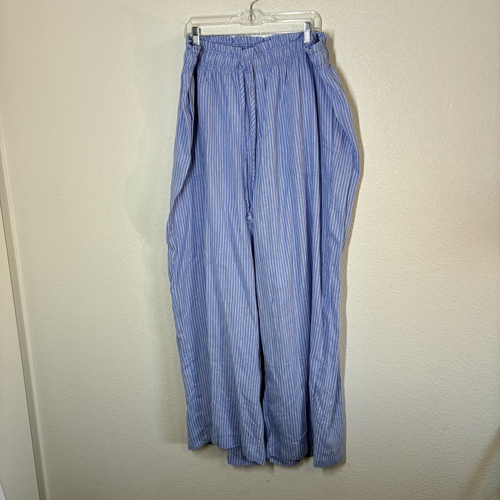 Ava & Viv Pants Womens 2X Blue Stripe Linen Wide Leg Elastic Paperbag Waist